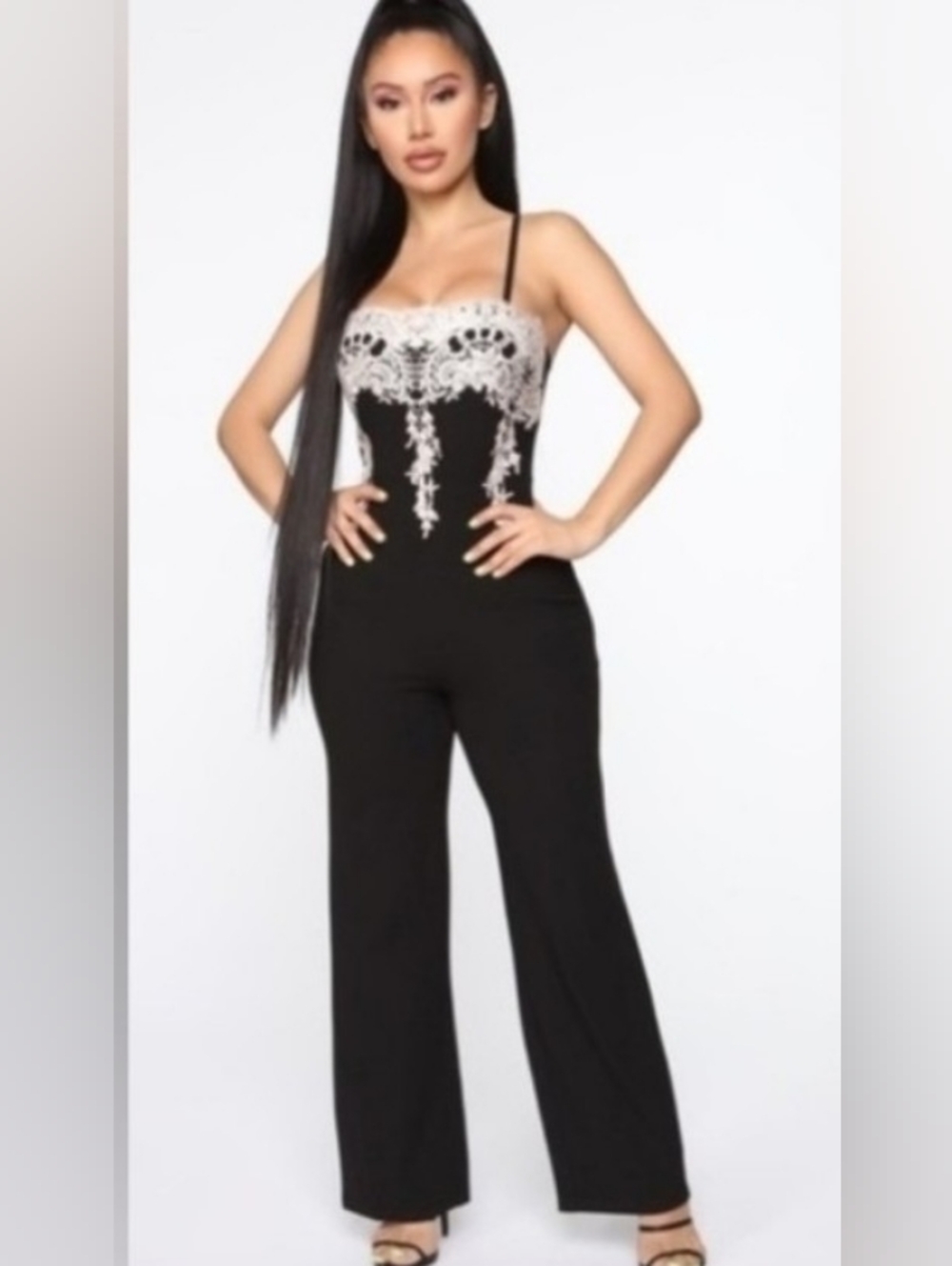 NWT FN Elegant Black Strapless Cream Lace-Trim Jumpsuit Women's